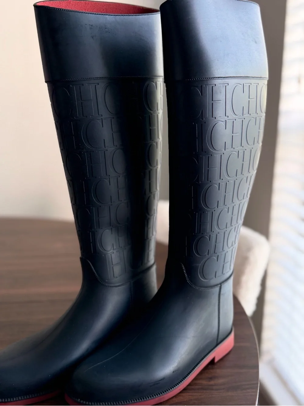 Carolina Herrera Black Tall Embossed Rain Boots with Red Trim